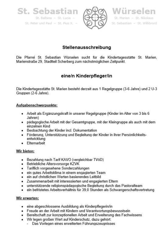 Stellenausschreibung Kita St. Marien 2026-07 (c) Kita Marien