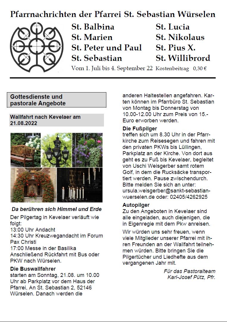 Pfarrnachrichten 22-07 Titel (c) Pfarrei St. Sebastian